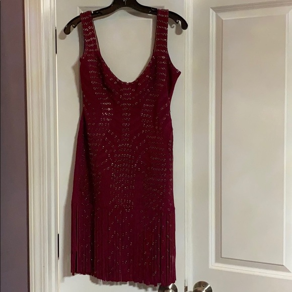 NWT Herve Leger Haleigh maroon grommet fringe dress L - Picture 4 of 13